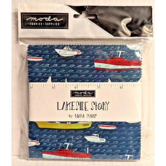 Moda Lakeside Story 42 5-in Charm Precut Fabric Quilt Squares Fishing Boat Theme - Picture 1 of 9